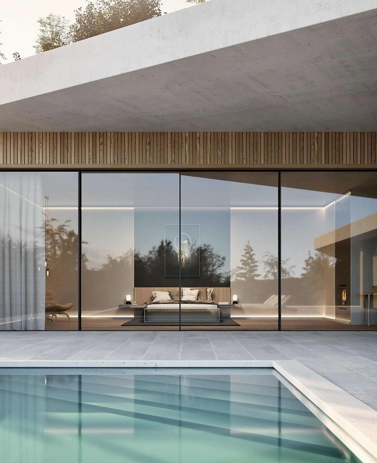 Grandes portas de vidro conectando suíte e piscina
